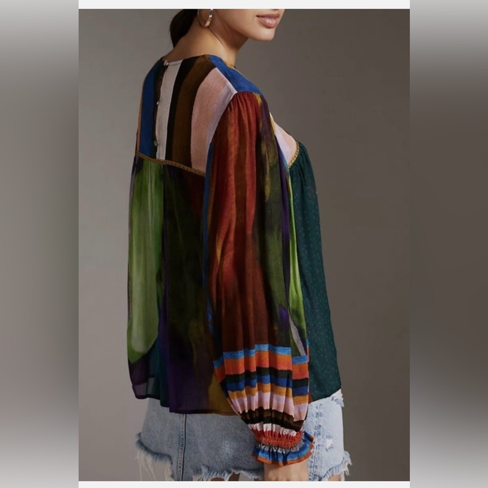 Blank London Anthropologie Miranda Peasant Blouse Striped Artsy Floral Boho XS - Picture 4 of 13